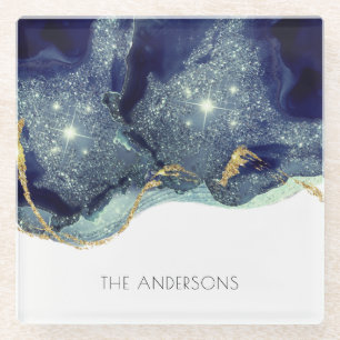 Fluid Abstrakt Alcohol Ink Gold Navy Glitzern Glasuntersetzer