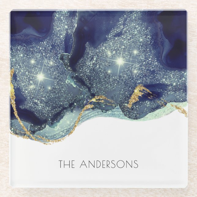 Fluid Abstrakt Alcohol Ink Gold Navy Glitzern Glasuntersetzer (Vorderseite)