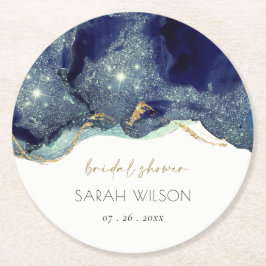 Fluid Abstrakt Ink Gold Navy Glitzer Brautparty Runder Pappuntersetzer