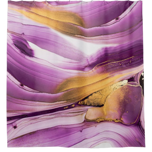 Fluid Art, lila goldmarmorierte Textur. Duschvorhang (Vorderseite)