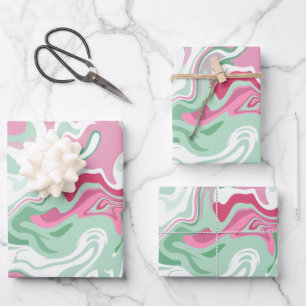 Fluid Art mit rosa, grünen und weißen Wirbeln Geschenkpapier Set