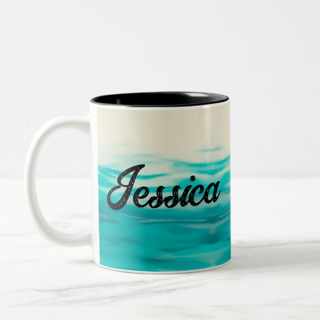 Fluid Art Turquoise Wavy Wasserfarbe Individuelle  Zweifarbige Tasse (Links)