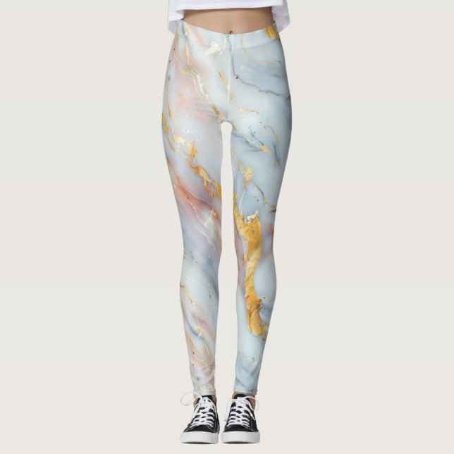 Fluid Marble-Muster mit Pfirsich, Grau und Gold   Leggings (Vorderseite)