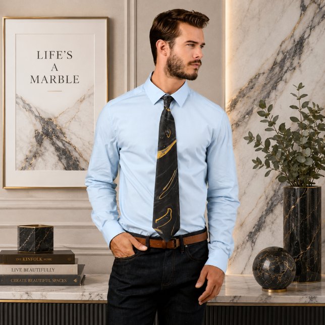 Fluid Swirl Marble Golden Black Neck Tie Krawatte (Von Creator hochgeladen)