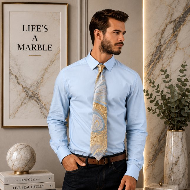 Fluid Swirl Marble Golden Blue Neck Tie Krawatte (Von Creator hochgeladen)