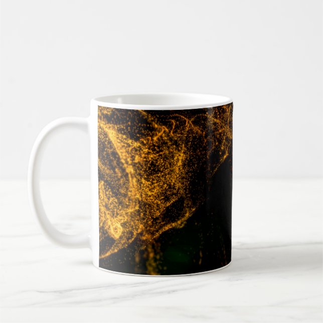 Fluide goldene Farbpartikel, die schön mit  Kaffeetasse (Links)