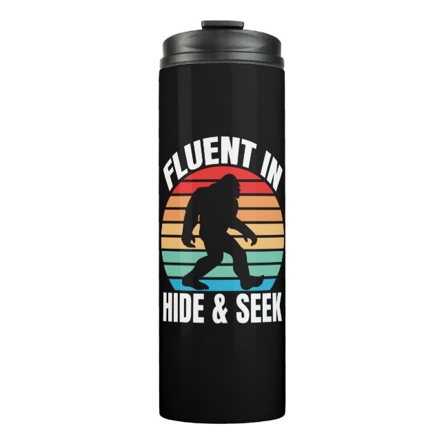 Fluor in Hide und Seek Funny Bigfoot Thermosbecher (Vorderseite)