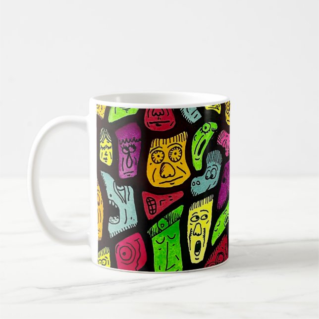Fluorescent Cartoon Weird Faces Drawing Kaffeetasse (Links)