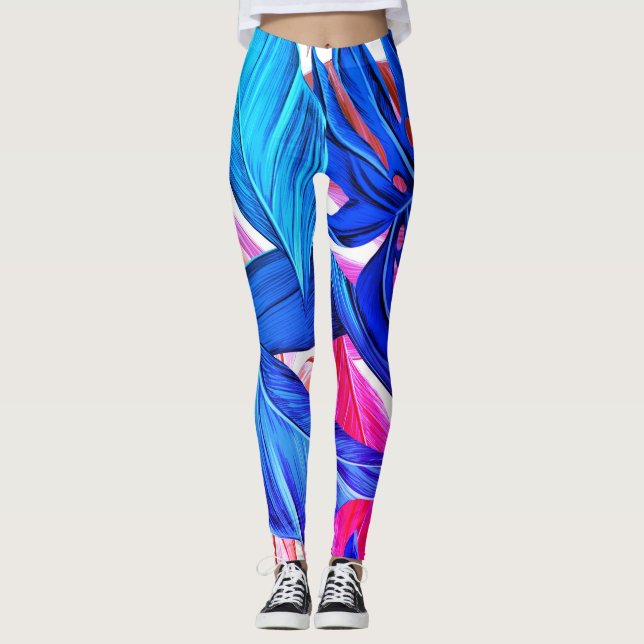 Fluoreszierende tropische Palmen Blätter Leggings (Vorderseite)