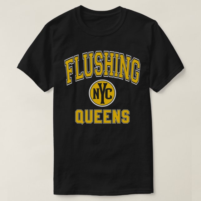 Flushing Queens NYC Varsity Style Amber Print T-Shirt (Design vorne)