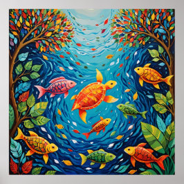 Fluss des Lebens - Weiße Kunst mit Fisch, Vögeln u Poster