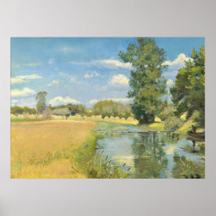Fluss durch eine ernste Landschaft, Sommer Poster