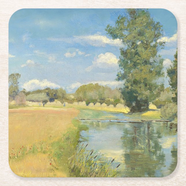 Fluss durch eine ernste Landschaft, Sommer Rechteckiger Pappuntersetzer (Vorderseite)
