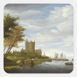 Fluss Estuary mit Schloss Quadratischer Aufkleber