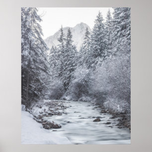 Fluss fließt durch den schneebedeckten Winterwald Poster