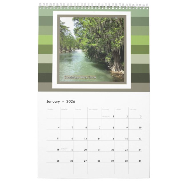 Fluss Guadalupe in Gruene, Texas Kalender (Jan 2026)