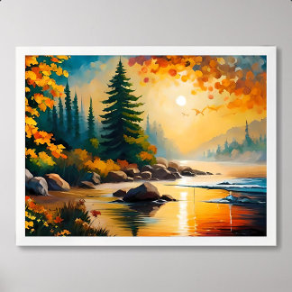 Fluss Malerei felsigen Kiefernwald Herbstnachmitta Poster