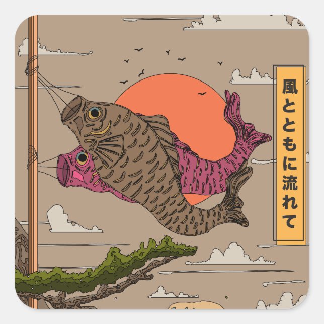 Fluss mit dem Wind Koinobori Quadratischer Aufkleber (Vorderseite)
