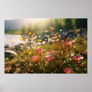 Fluss mit rosa und gelben Blumen Poster