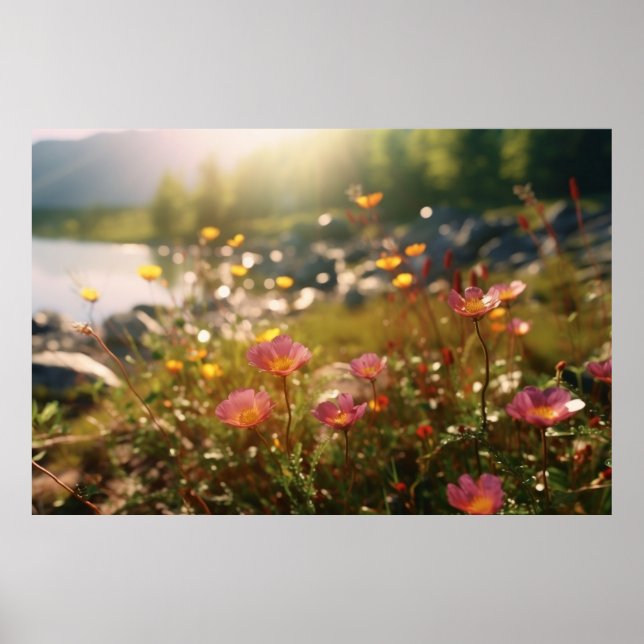 Fluss mit rosa und gelben Blumen Poster (Vorne)