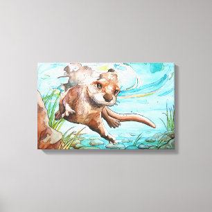 Fluss Otter Aquarellmalerei - Canvas Print Leinwanddruck