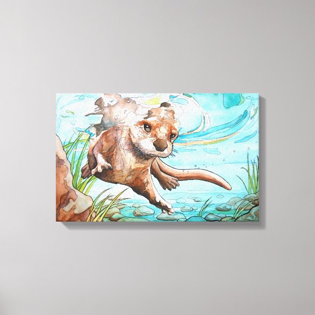 Fluss Otter Aquarellmalerei - Canvas Print Leinwanddruck (Vorderseite)