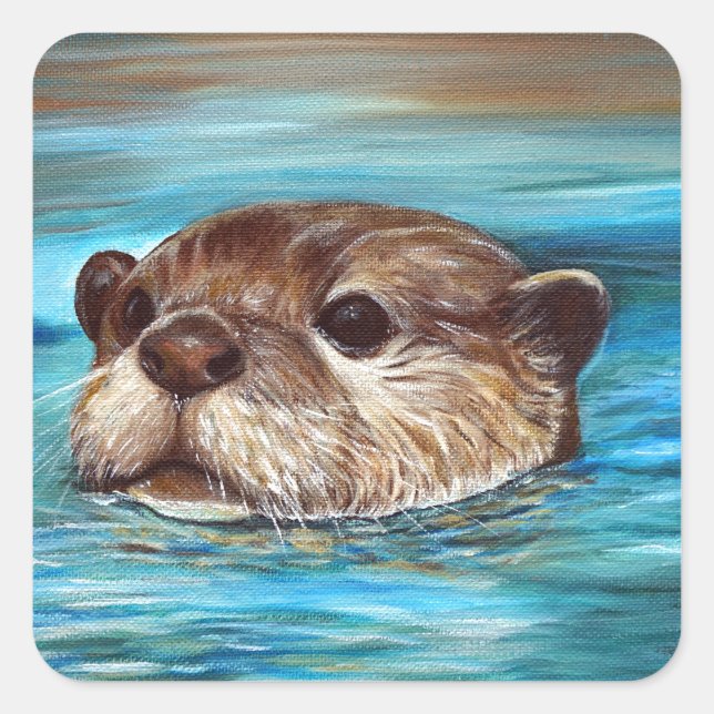 Fluss Otter Painting Quadratischer Aufkleber (Vorderseite)
