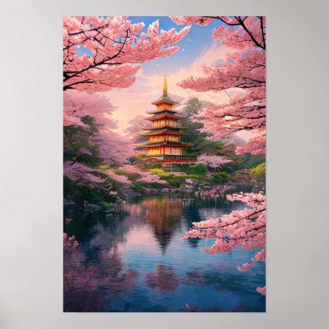 Fluss, Pagoda und Kirschblossom Poster (Vorne)
