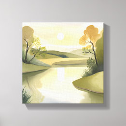 Fluss Sonnenaufgang | Wasserfarbe Gelb Leinwanddruck