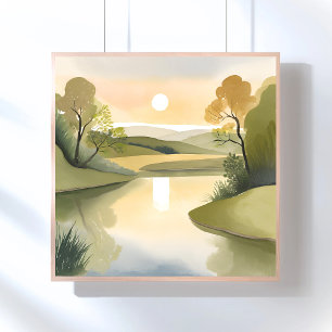 Fluss Sonnenaufgang   Wasserfarbe Gelb Poster