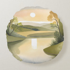 Fluss Sonnenaufgang | Wasserfarbe Gelb Rundes Kissen