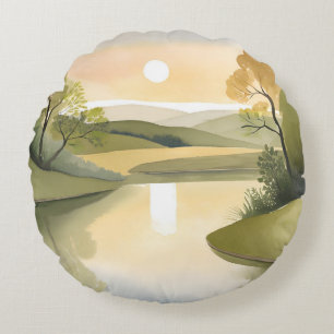 Fluss Sonnenaufgang   Wasserfarbe Gelb Rundes Kissen