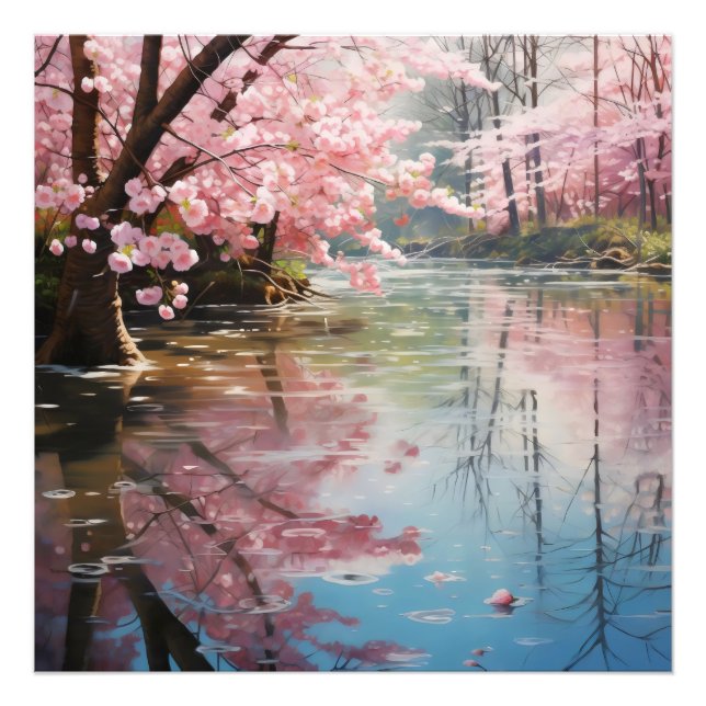 Fluss Spring Blooming Trees Fotodruck (Vorne)