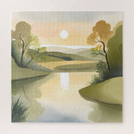 Fluss Sunrise | Aquarellgelb Puzzle