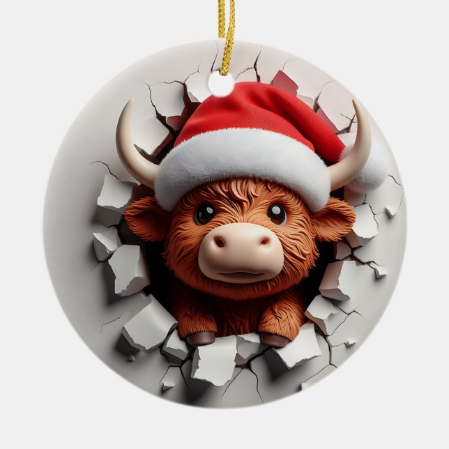 Flusshaarige schottische Kuh in einer Weihnachtsma Keramik Ornament (Vorne)