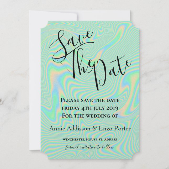 Flüssige Imitate Grüne Holographische Textur Save The Date (Vorderseite)