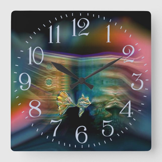 Flüssige Vibrationen Funky Fish Wall Clock Quadratische Wanduhr (Vorderseite)