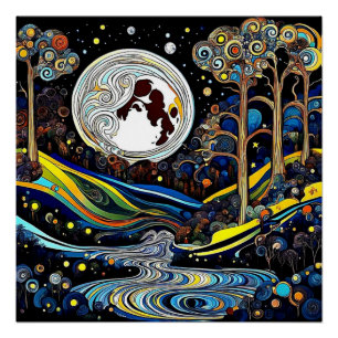 Flüssiger Mond über Landschaft Poster