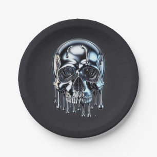 Flüssiges Chrom Silber Tropf Schädel Halloween-Par Pappteller