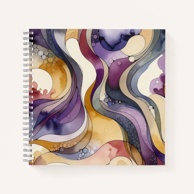 Flüssigkeitslinien lila und goldfarben, abstrakt notizbuch (Vorderseite)
