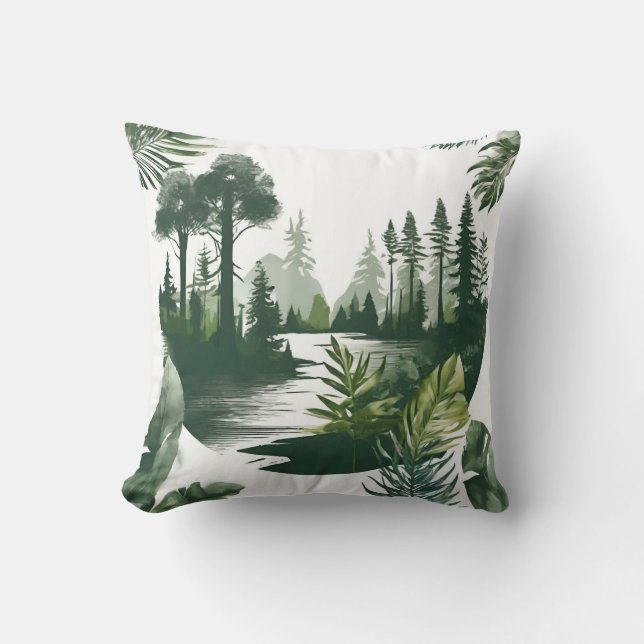 Flusslandschaft mit grünen Bäumen Farnen Aquarell Kissen (Vorderseite)