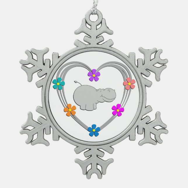 Flusspferd-Herz Schneeflocken Zinn-Ornament (Vorderseite)