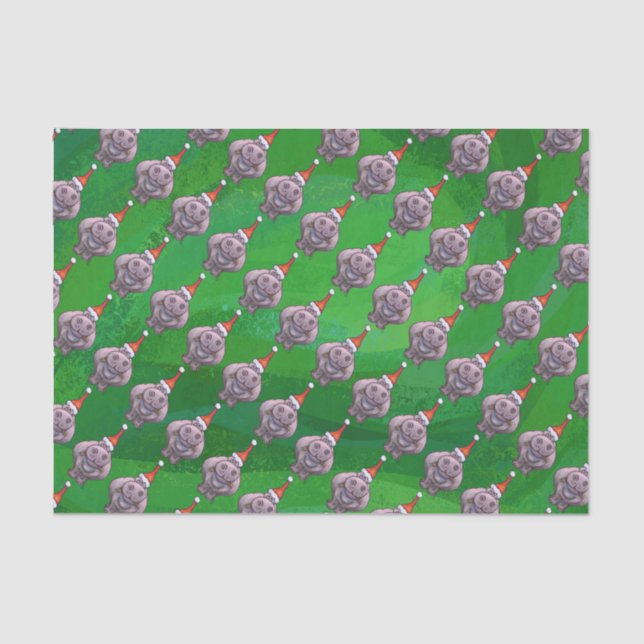 Flusspferd im Weihnachtsmannmütze-Muster auf Grün Seidenpapier (Vorderseite)