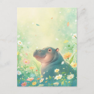 Flusspferd lächelnd auf sonnengelber Wildblumenwie Postkarte