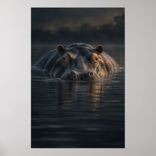 Flusspferd ruht in dunklem Wasser-Wildlife-Wand A Poster