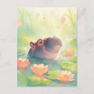 Flusspferd Schwimmt im Rosa Seerosenteich Postkarte