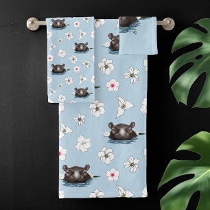 Flusspferd Weiße Lotusblume Blau Badhandtuch Set