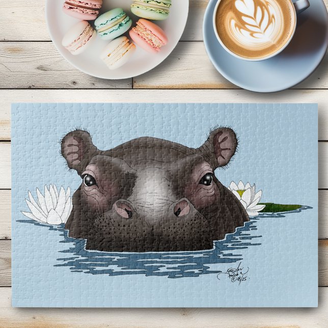 Flusspferd Weiße Lotusblume Blau Puzzle (Von Creator hochgeladen)