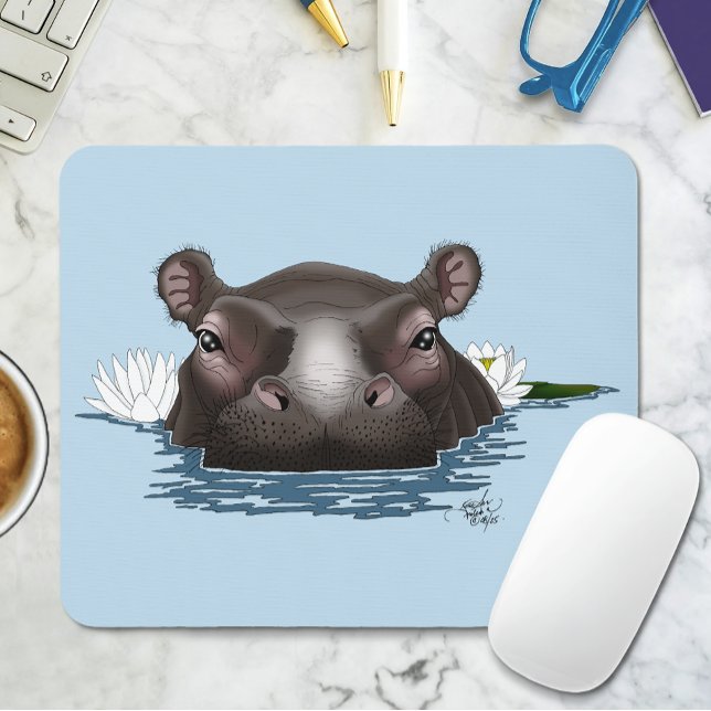 Flusspferd Weiße Lotusblüte Blau Mousepad (Von Creator hochgeladen)
