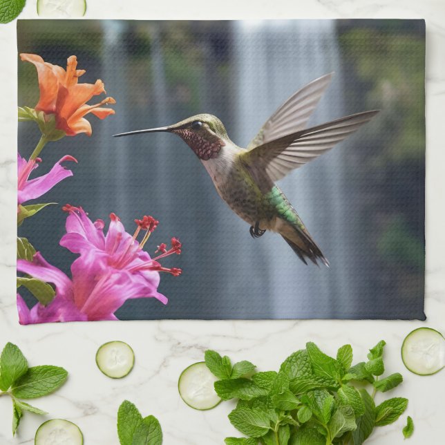 "Flüstern der Natur: Hummingbird, Wasserfall Geschirrtuch (Gefaltet)